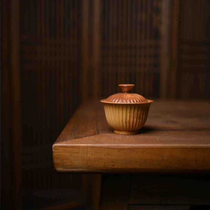 "Nature's Stripes" Handcrafted Covered Bowl with Grass and Wood Ash Glaze