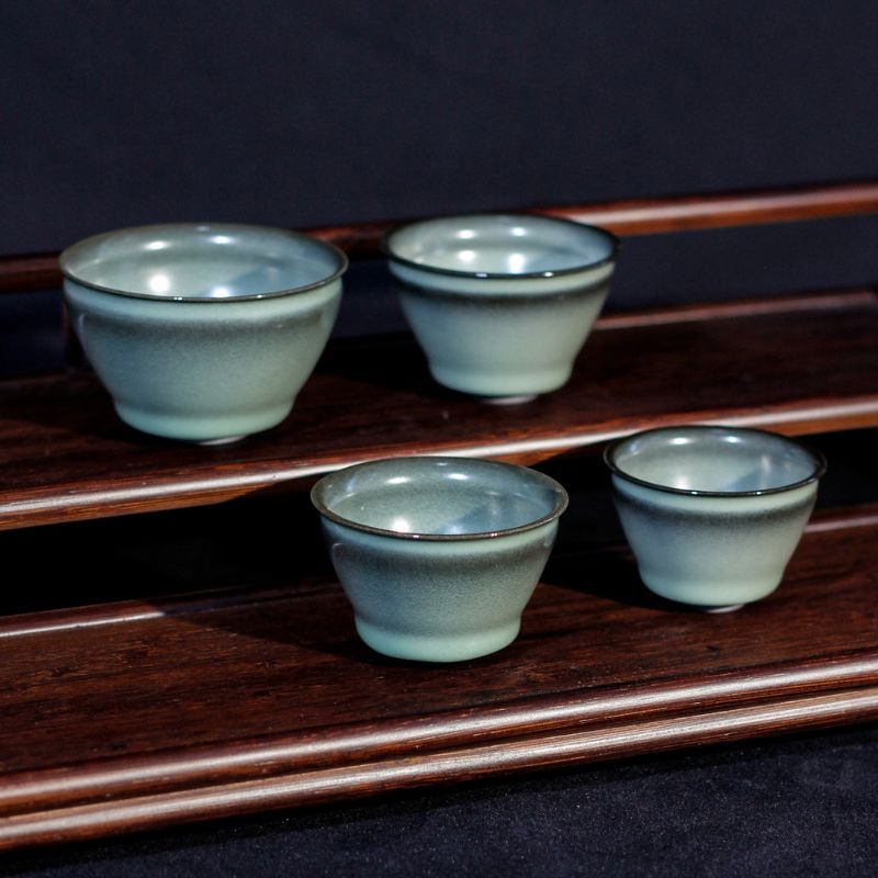 "Cerulean Glaze with Black Rim" Celadon Plum Green Bundle Cup Set