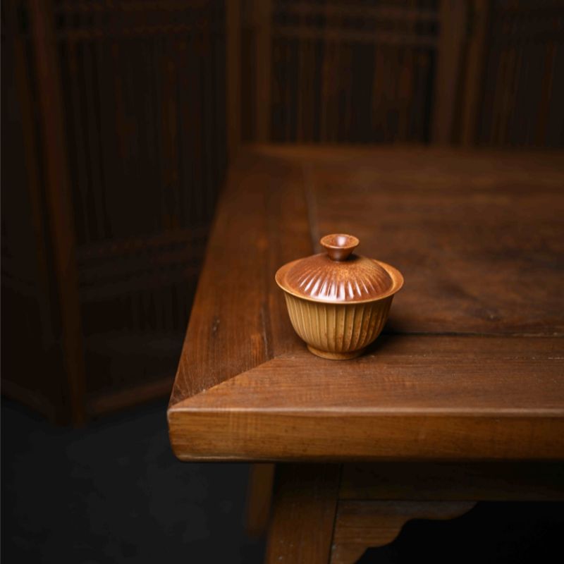 "Nature's Stripes" Handcrafted Covered Bowl with Grass and Wood Ash Glaze