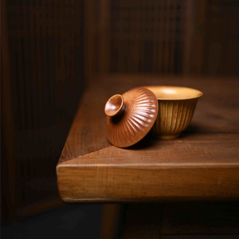 "Nature's Stripes" Handcrafted Covered Bowl with Grass and Wood Ash Glaze