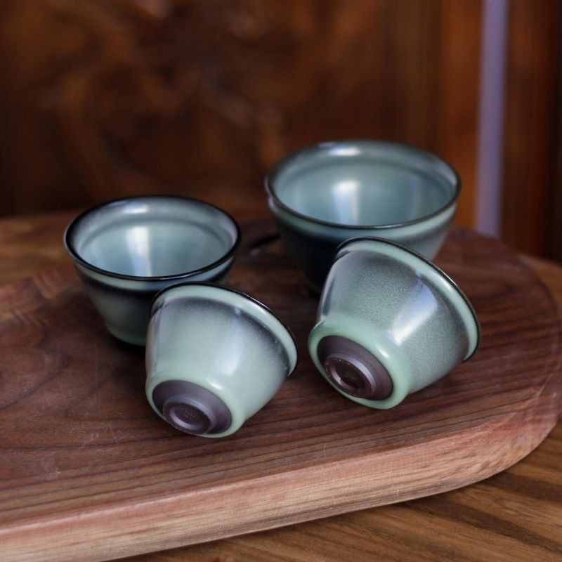 "Cerulean Glaze with Black Rim" Celadon Plum Green Bundle Cup Set