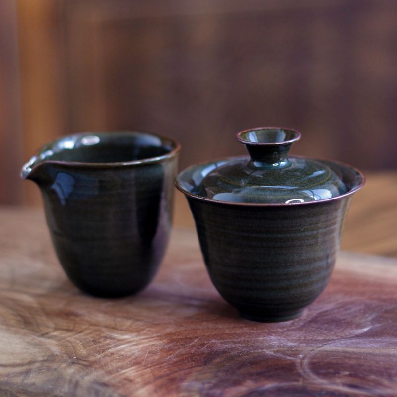 "Turquoise Ironware" Celadon Olive Green Covered Bowl and Fair Cup Set - Celadoner