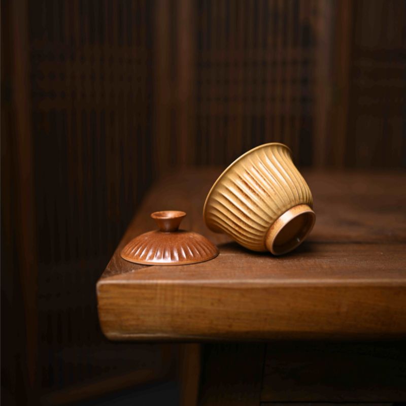"Nature's Stripes" Handcrafted Covered Bowl with Grass and Wood Ash Glaze