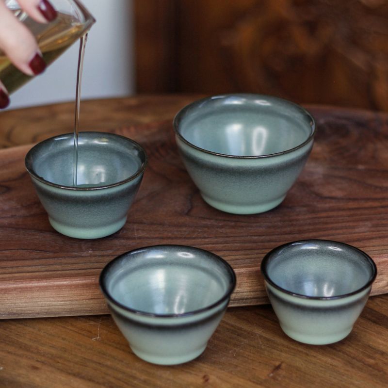 "Cerulean Glaze with Black Rim" Celadon Plum Green Bundle Cup Set