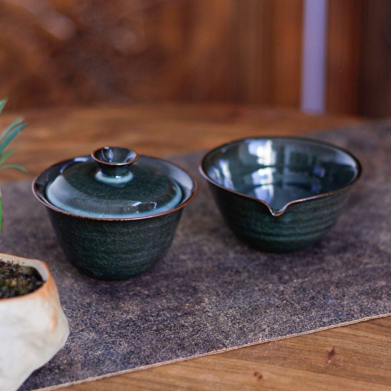 "Emerald Oasis" Small Ironware Covered Bowl and Fair Cup Set