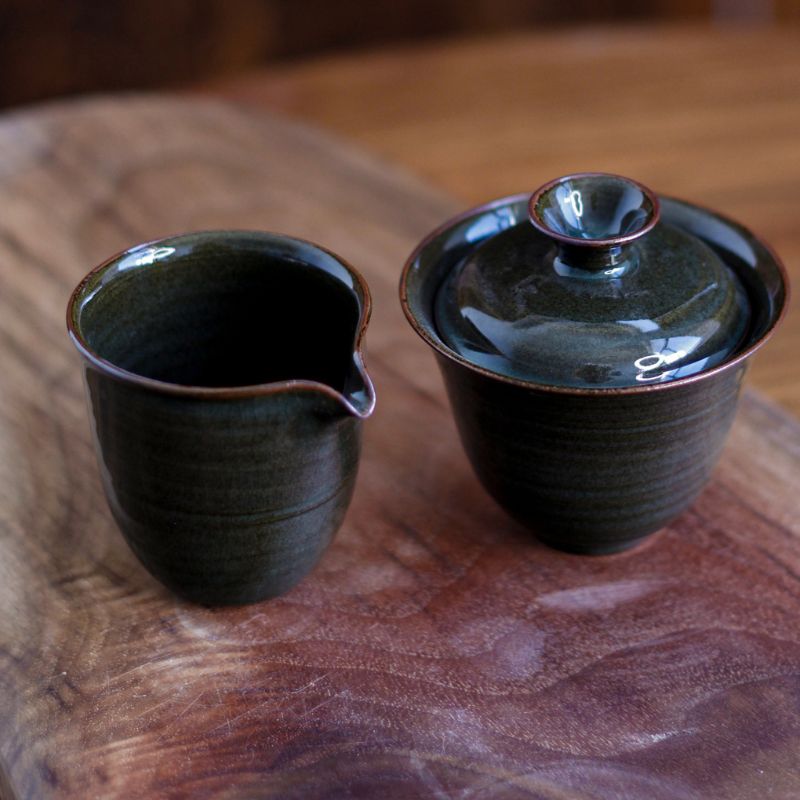 "Turquoise Ironware" Celadon Olive Green Covered Bowl and Fair Cup Set - Celadoner