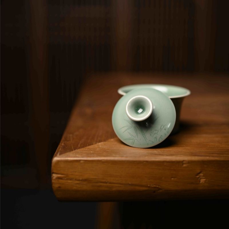”Green Bamboo” Celadoner Plum Green Glaze Gaiwan Green Bamboo Cup