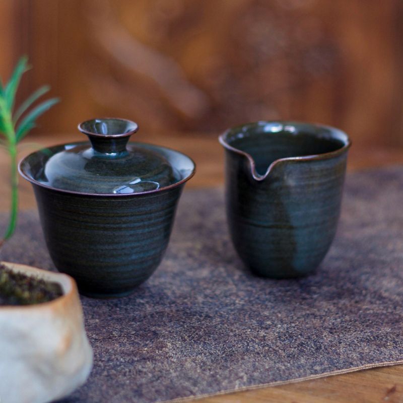 "Turquoise Ironware" Celadon Olive Green Covered Bowl and Fair Cup Set - Celadoner