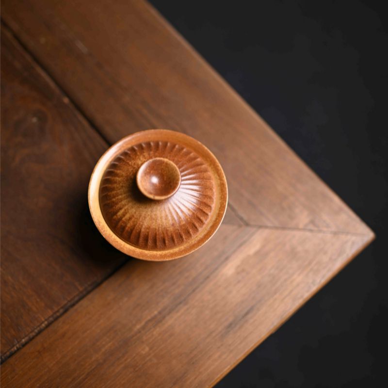 "Nature's Stripes" Handcrafted Covered Bowl with Grass and Wood Ash Glaze
