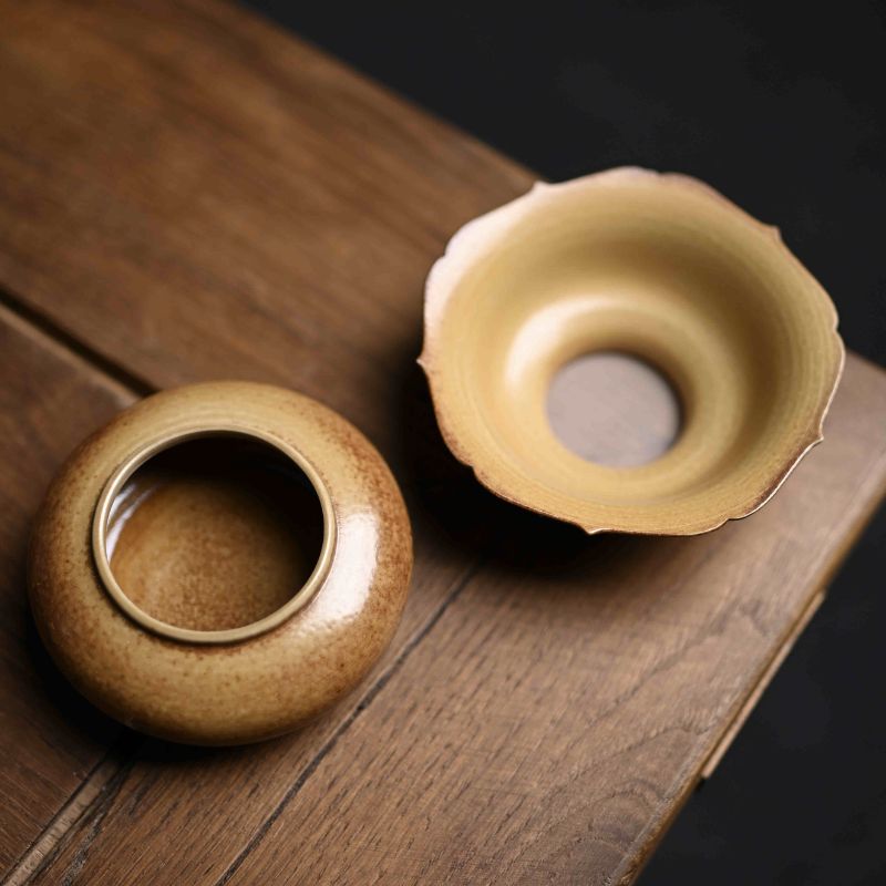 "Woodland Grace" Celadoner Two-Piece Tea Strainer Set with Grass and Wood Ash Glaze