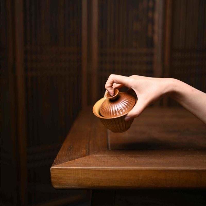 "Nature's Stripes" Handcrafted Covered Bowl with Grass and Wood Ash Glaze