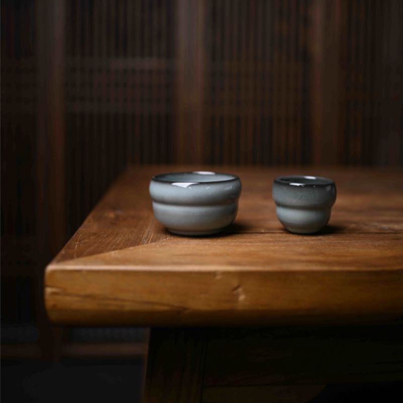 "Iron Maiden" Gray Glazed Fortune and Prosperity Gourd Cup & Gourd Small Cup Duo