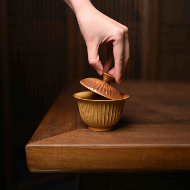 "Nature's Stripes" Handcrafted Covered Bowl with Grass and Wood Ash Glaze
