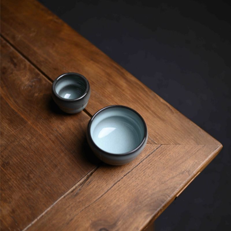 "Iron Maiden" Gray Glazed Fortune and Prosperity Gourd Cup & Gourd Small Cup Duo